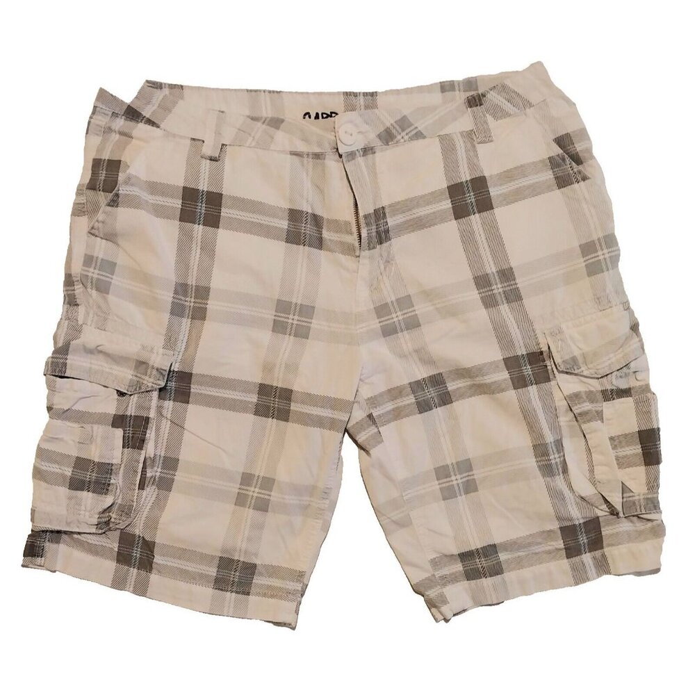 Mens Carbon White & Gray Plaid Cargo Shorts Size 36 Cotton Casual Lightweight